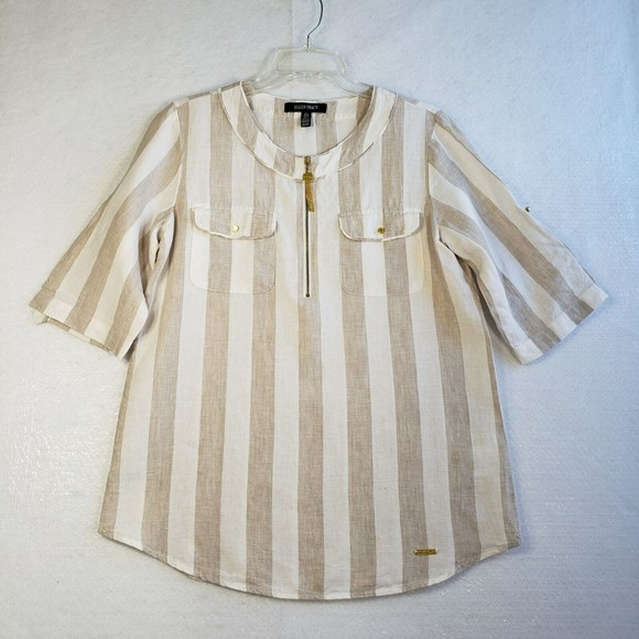 Ellen Tracy Womens Top Size S 100% Linen Roll Tab Sleeve  Pockets Tan Blouse - Picture 1 of 12